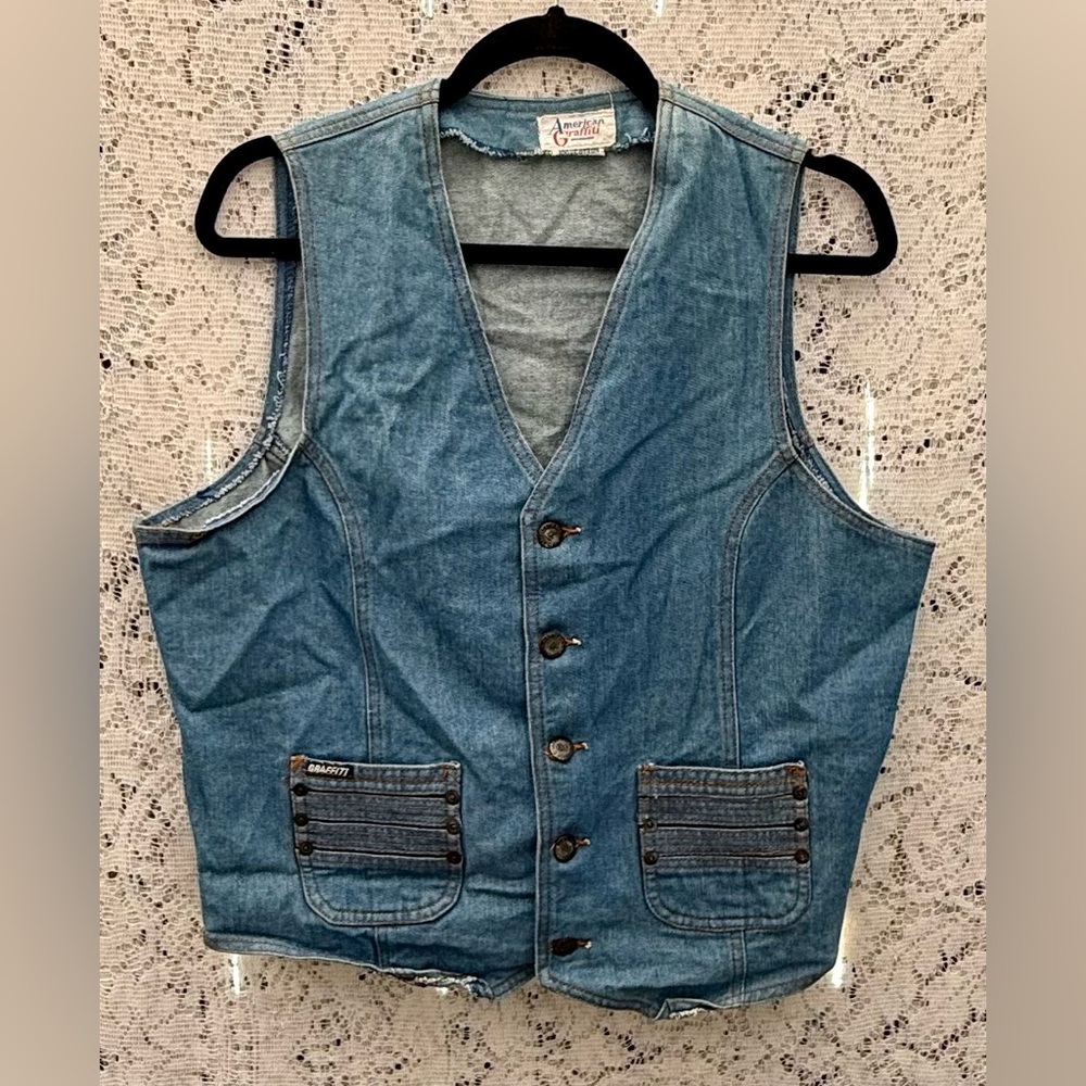 Vintage Blue Denim Vest American Graffiti for Men. Size L